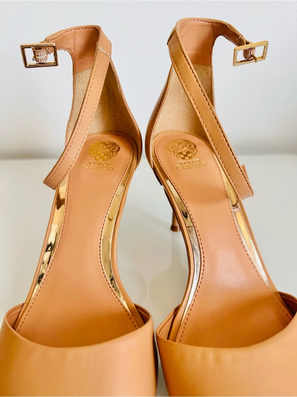 Vince Camuto Tan Ankle-Strap Square-Toe Heels